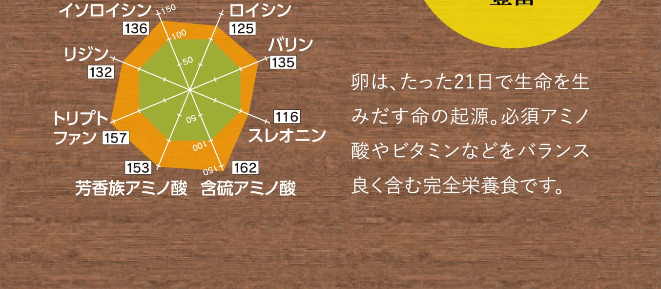 卵は、たった21日で生命を生みだす命の起源。必須アミノ酸やビタミンなどをバランス良く含む完全栄養食です。